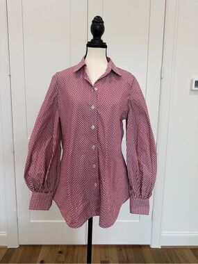 🤩 Tish Cox Red & Blue Gingham Puff Sleeve Button Down Blouse - Large